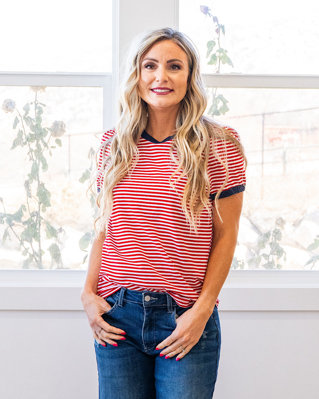 Mandy Puff Sleeve Striped Top - Red & Navy Staccato