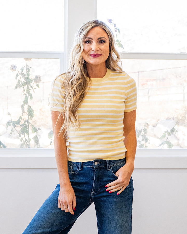 NEW! Delaney Striped Short Sleeve Sweater Top - Yellow Be Cool