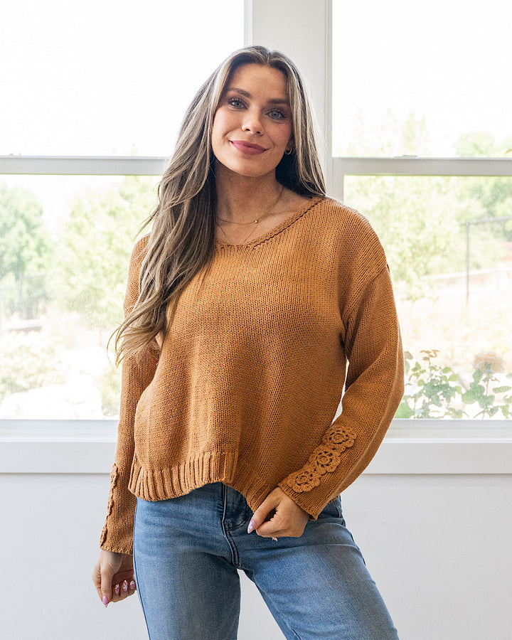NEW! Ella Crochet Sleeve Sweater - Camel Michelle Mae
