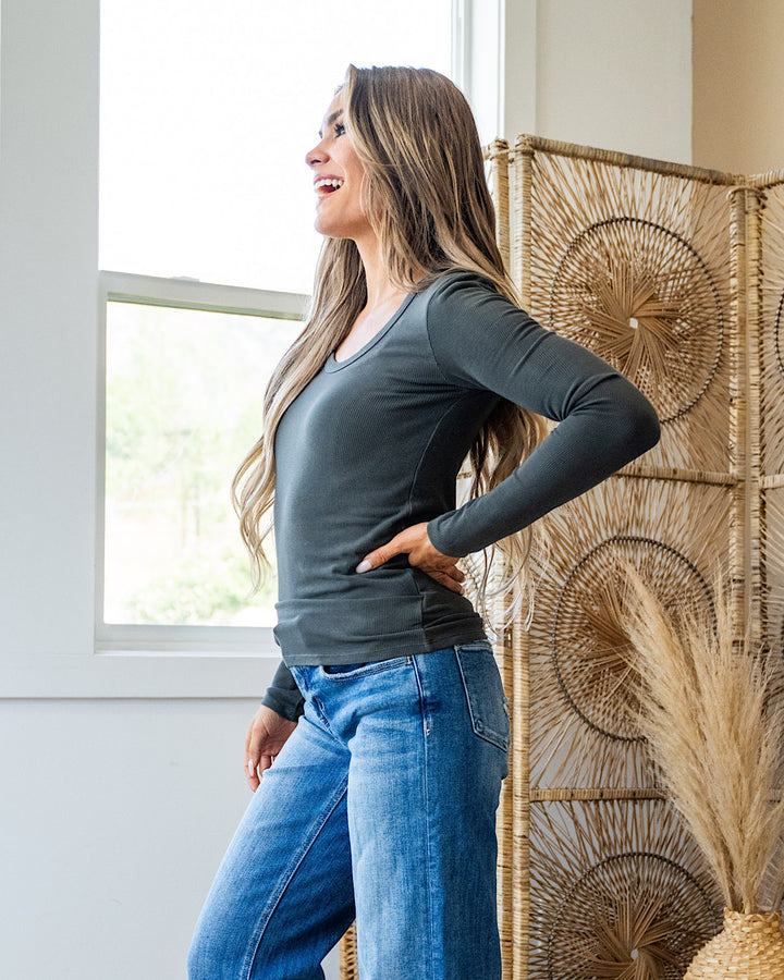 Jill Long Sleeve Ribbed Top - Charcoal Be Cool