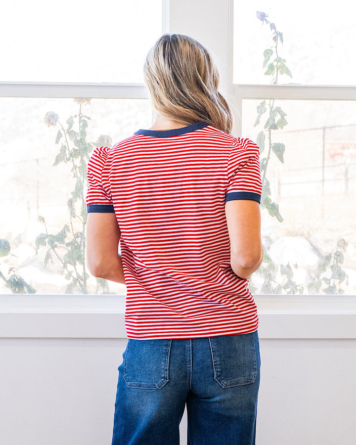 Mandy Puff Sleeve Striped Top - Red & Navy Staccato