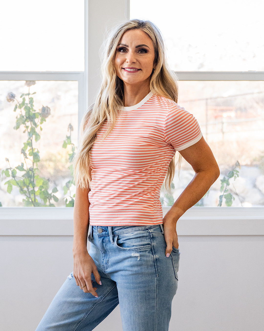 Sammy Striped Short Sleeve Top - Coral Zenana
