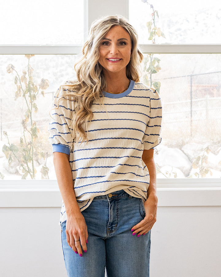 NEW! Alexa Textured Striped Puff Sleeve Top - Ivory & Denim