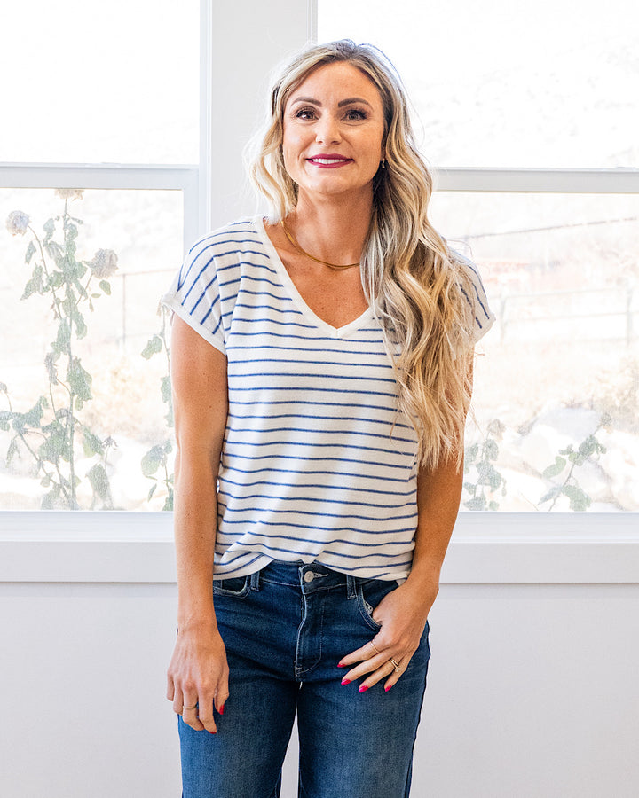 Candice Striped V Neck Sweater Top - Ivory & Navy Staccato