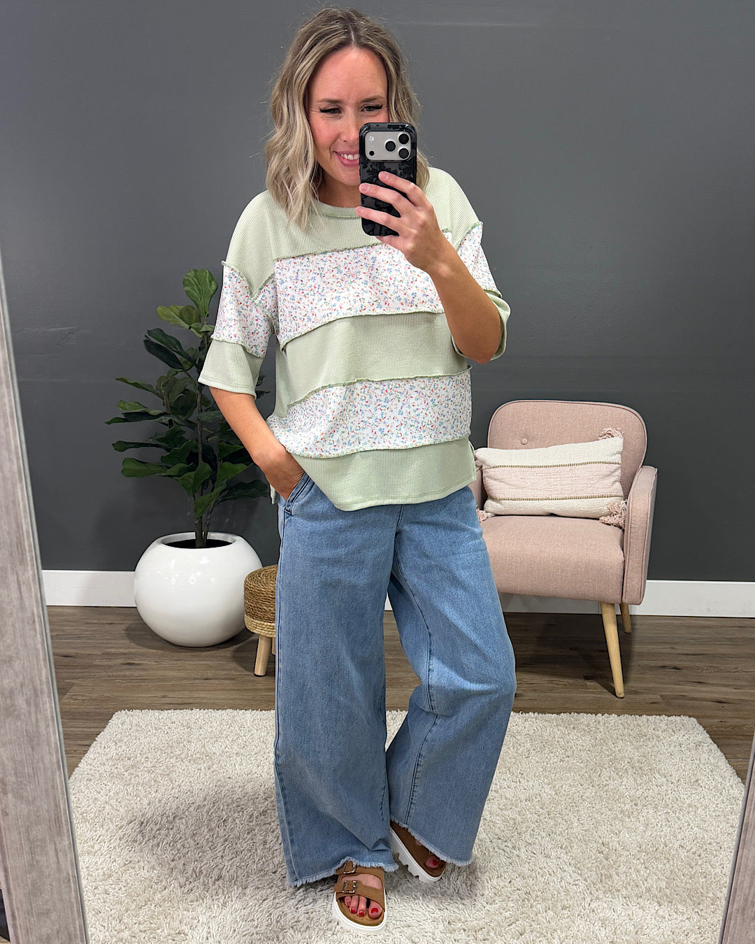 Camila Floral Color Block Top - Sage Lovely Melody