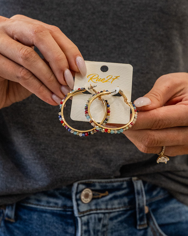 Faceted Multi Color Glass Beaded Gold Hoops Trendy Wholesale