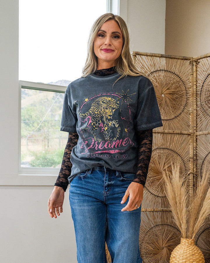 Dreamer World Tour Leopard Black Mineral Wash Tee SALE Zutter