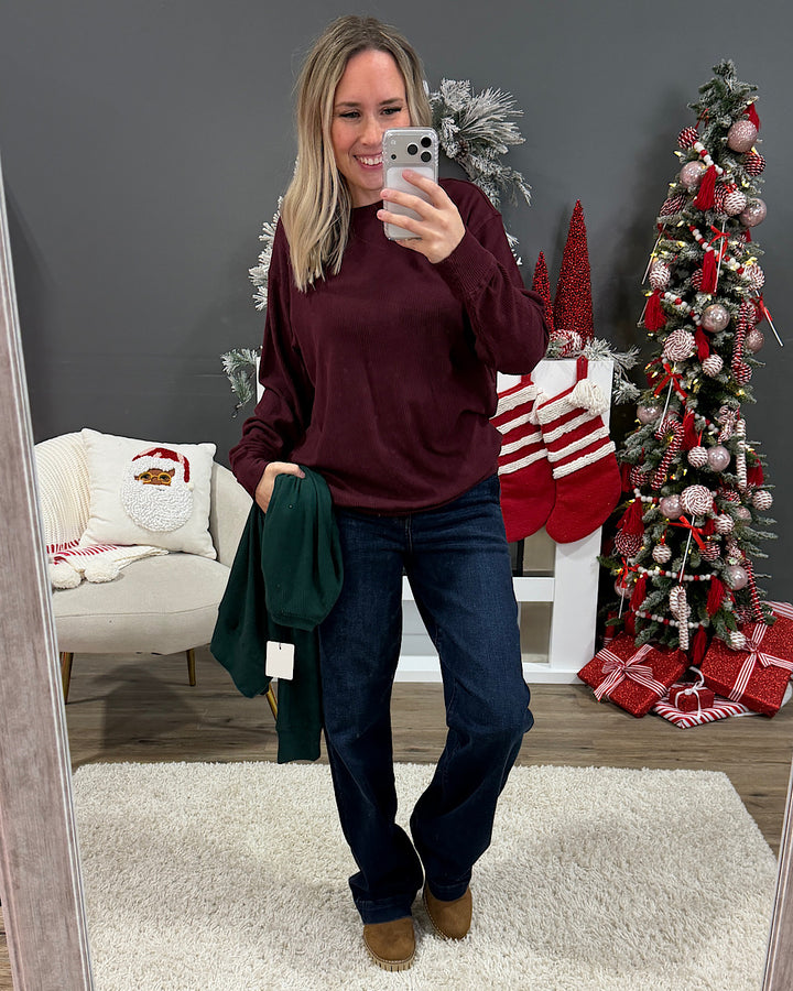 NEW! Mia Ribbed Crewneck Top - Burgundy Michelle Mae