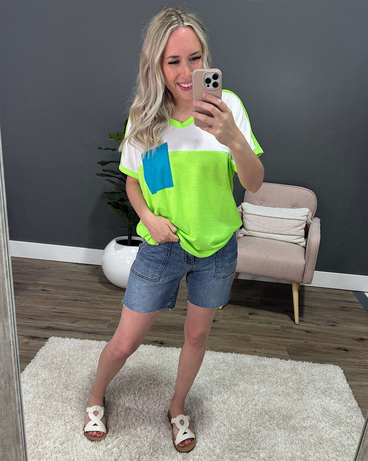 Heather Color Block Top with Contrast Pocket - Neon Green FINAL SALE Bibi