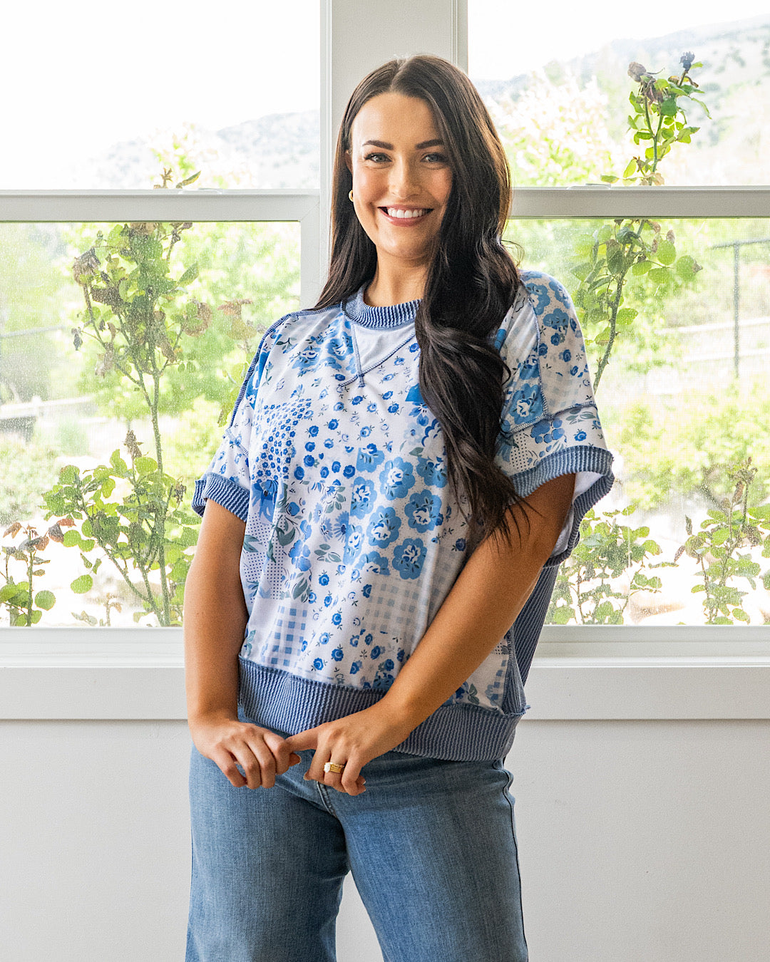 NEW! Carly Floral Color Block and Corded Top - Denim & White Haptics