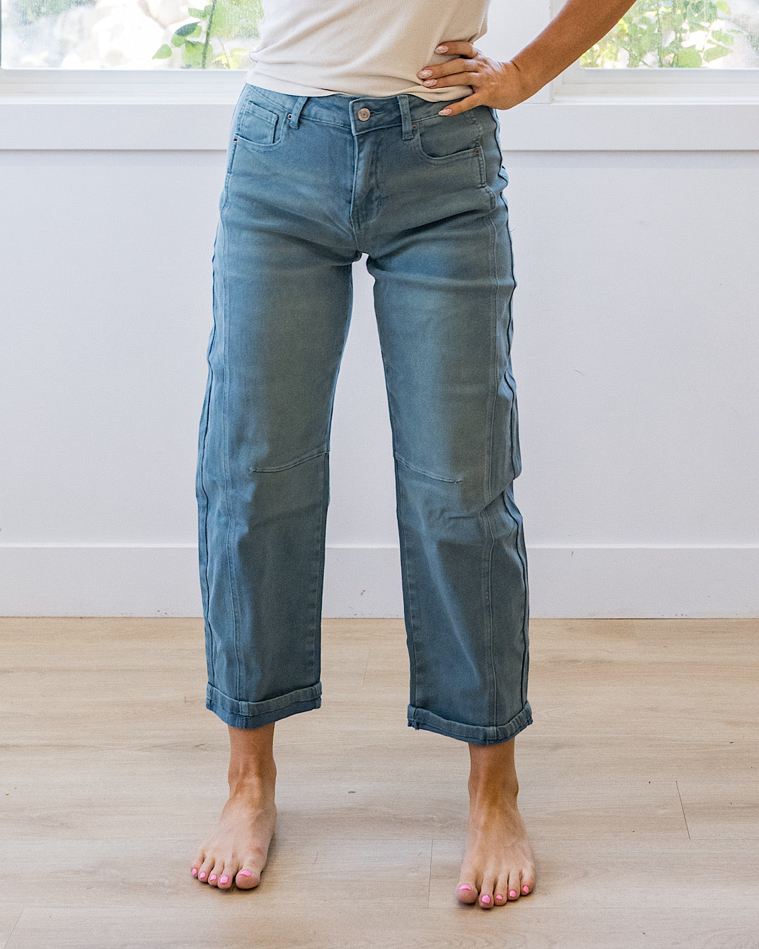 NEW! Alexandra Non Distressed Barrel Jeans - Teal Zenana