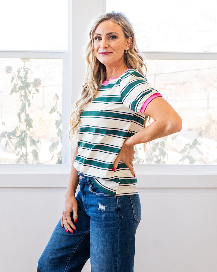 Shauna Contrast Striped Top - Green & Pink Staccato