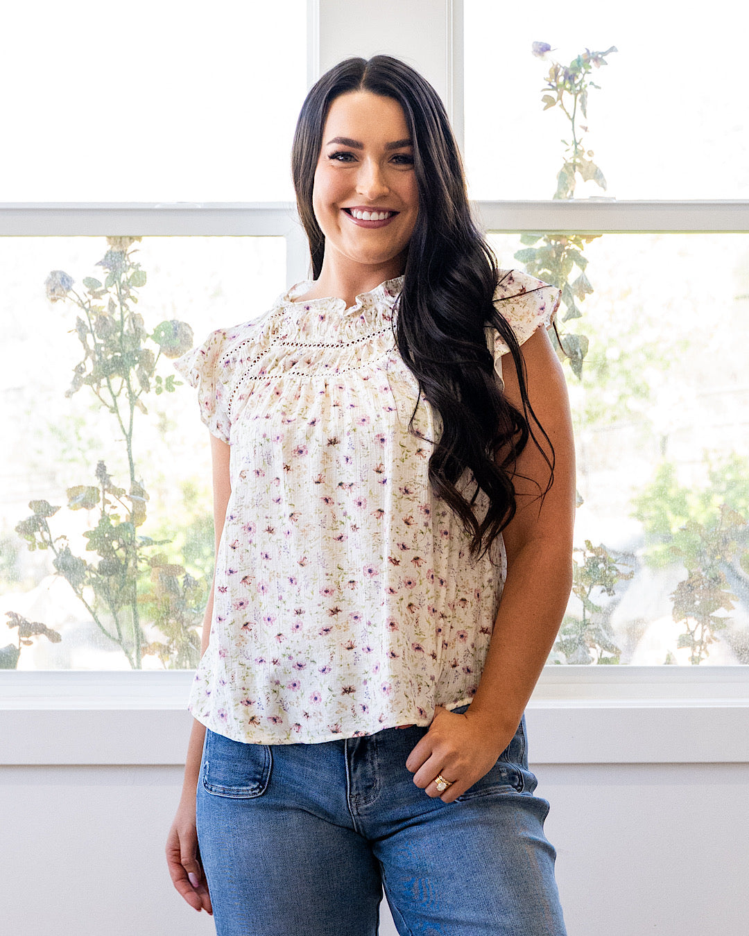 NEW! Elise Floral Ruffle and Lace Top Mine