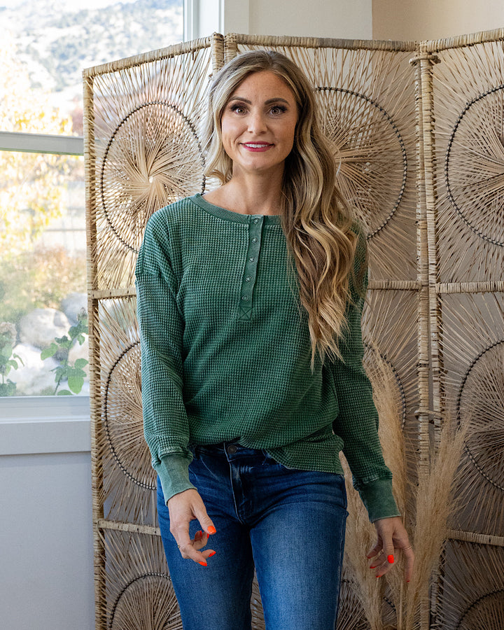 Mineral Wash Waffle Knit Henley Top - Color Options Available! Zenana Dark Green
