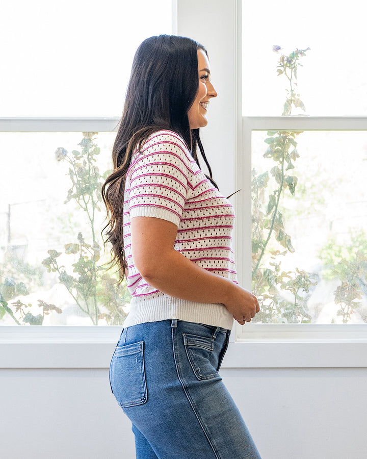 Kaitlyn Open Knit Striped Sweater Top - Magenta Staccato