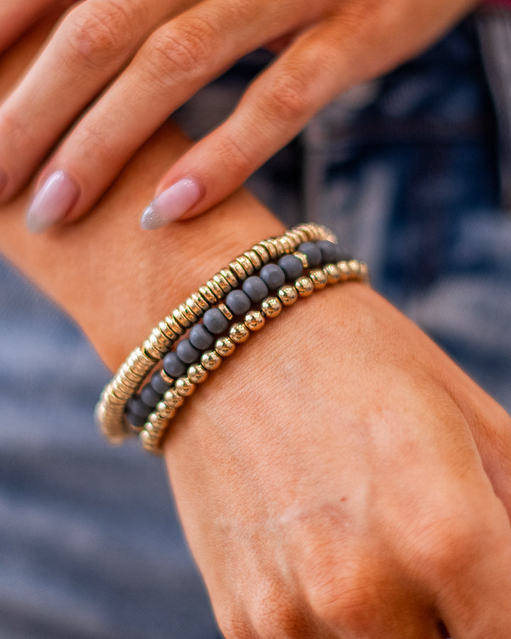 Wooden Dark Gray and Metallic Gold Bracelet Set Trendy Wholesale