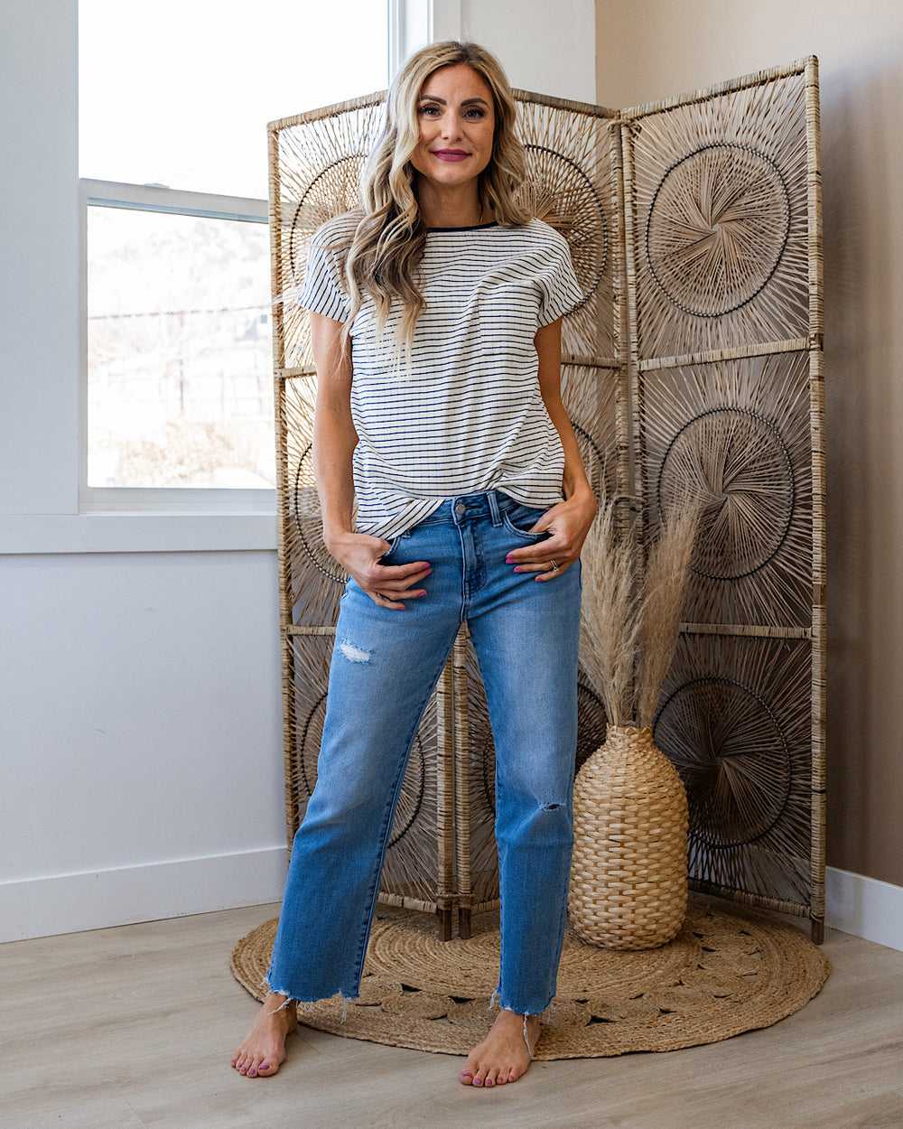 Kinley Pointelle Striped Pocket Top - Navy SALE Staccato