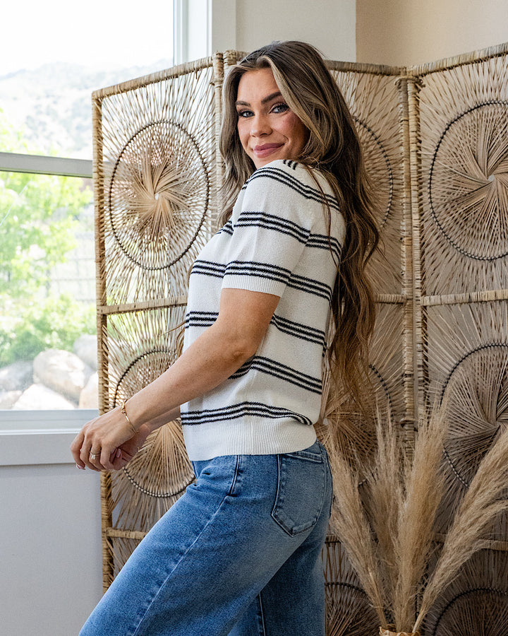 Chelsea Triple Stripe Short Sleeve Sweater - Black SALE Be Cool