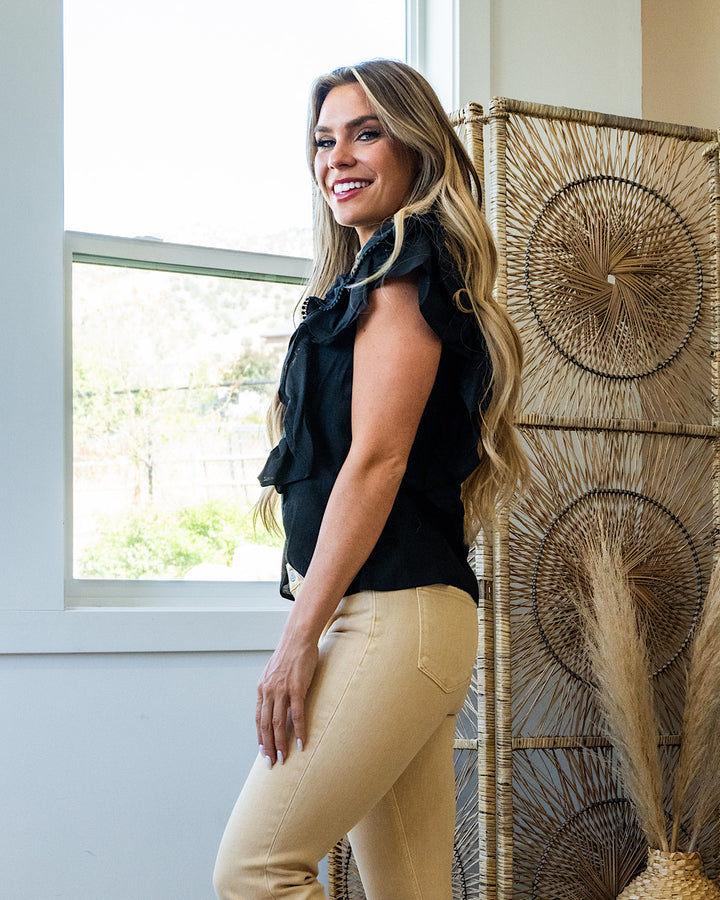 Alexandra Ruffled Blouse with Lace Trim - Black FINAL SALE Heyson