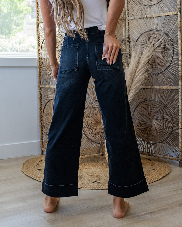 NEW! Vervet Maggie Roll Hem Elastic Waist Wide Leg Jeans - Black Vervet