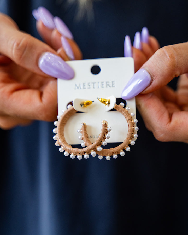 Dark Beige Open Hoop Earrings with Pearl Accents SALE Crystals Trading Inc.