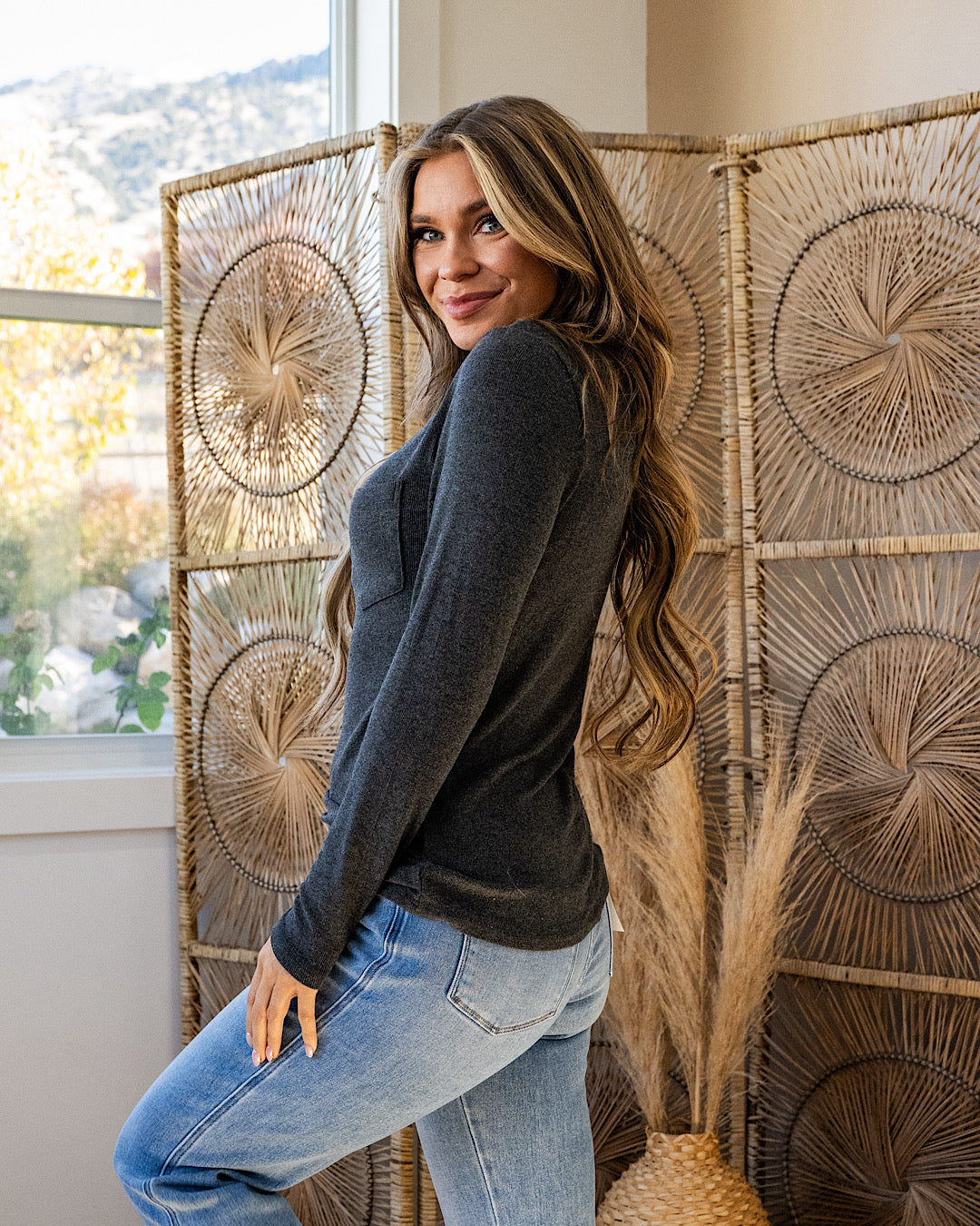 Georgia Henley Long Sleeve Top - Charcoal Michelle Mae