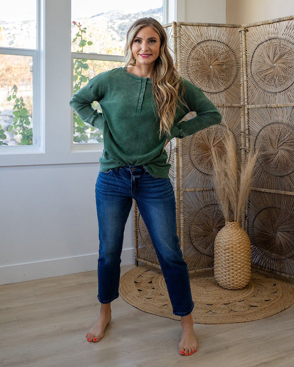 DOORBUSTER! Mineral Wash Waffle Knit Henley Top - Dark Green Zenana