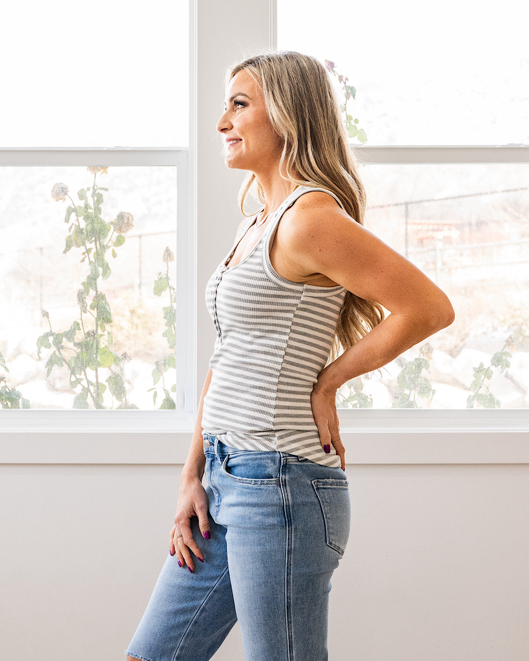 NEW! Adelle Striped Henley Tank - Heather Gray Very J