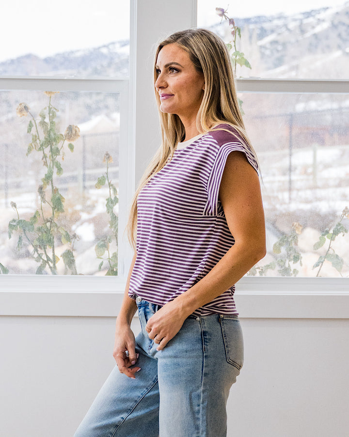 Noelle Striped Ribbed Top - Ivory & Plum Staccato