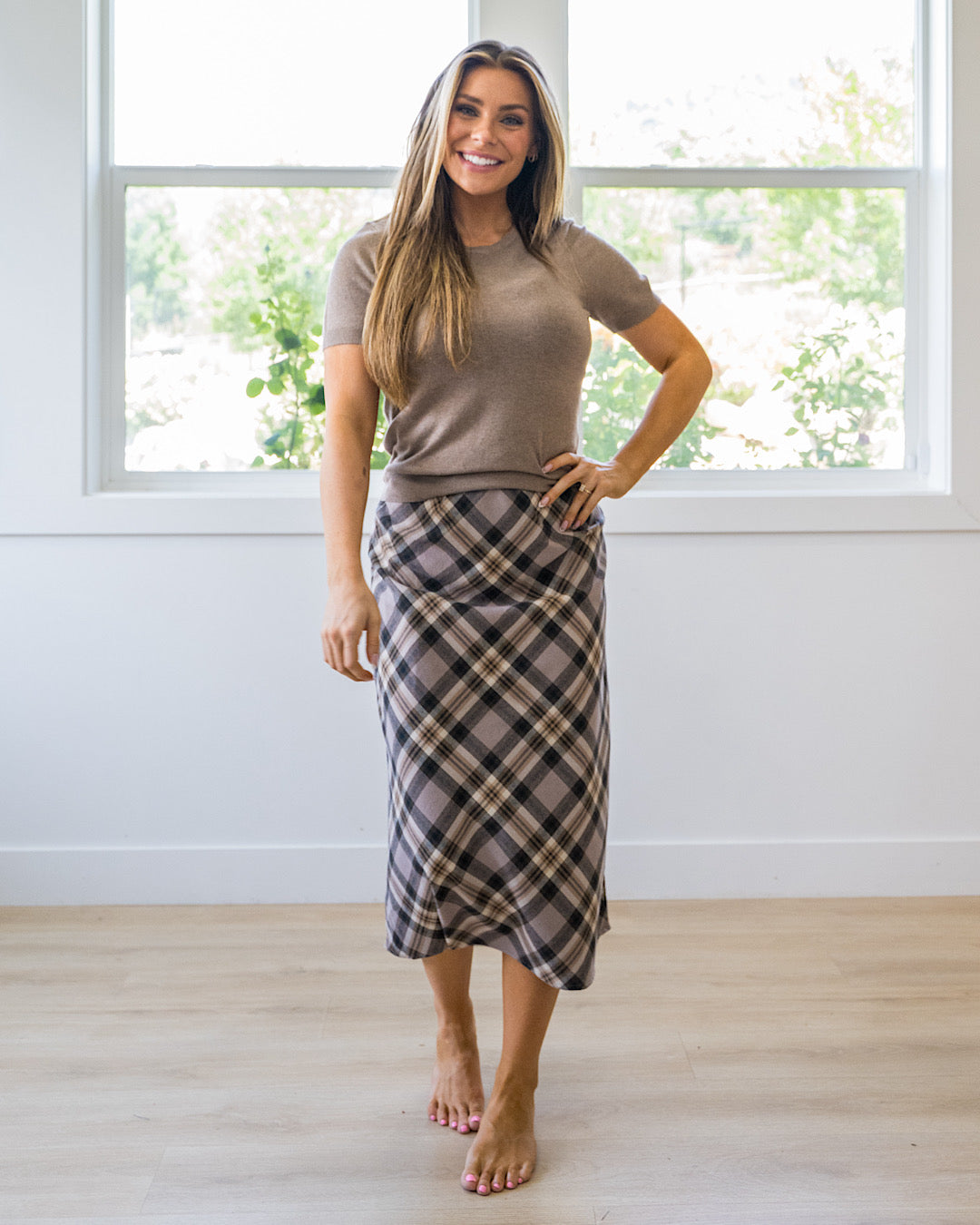 Jade Plaid A-Line Skirt - Greige Be Cool