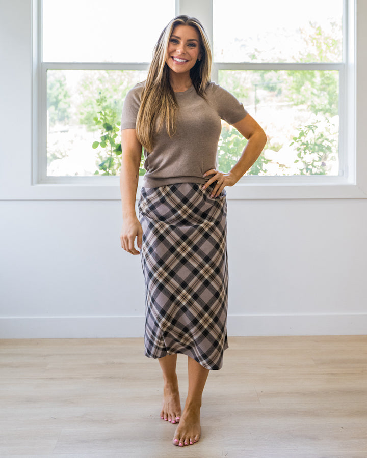 Jade Plaid A-Line Skirt - Greige Be Cool