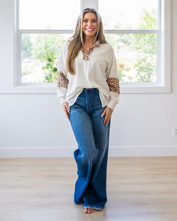 Jana Leopard Color Block Collared Top - Ivory Lovely Melody