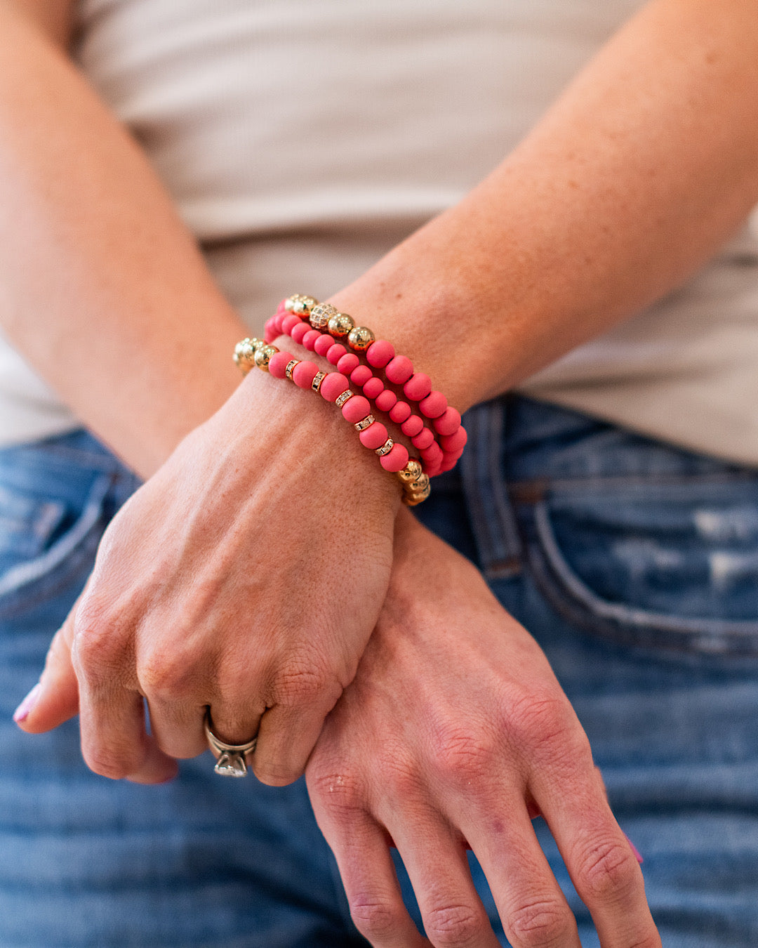 Wooden Dark Peach and Metallic Gold Bracelet Set Trendy Wholesale