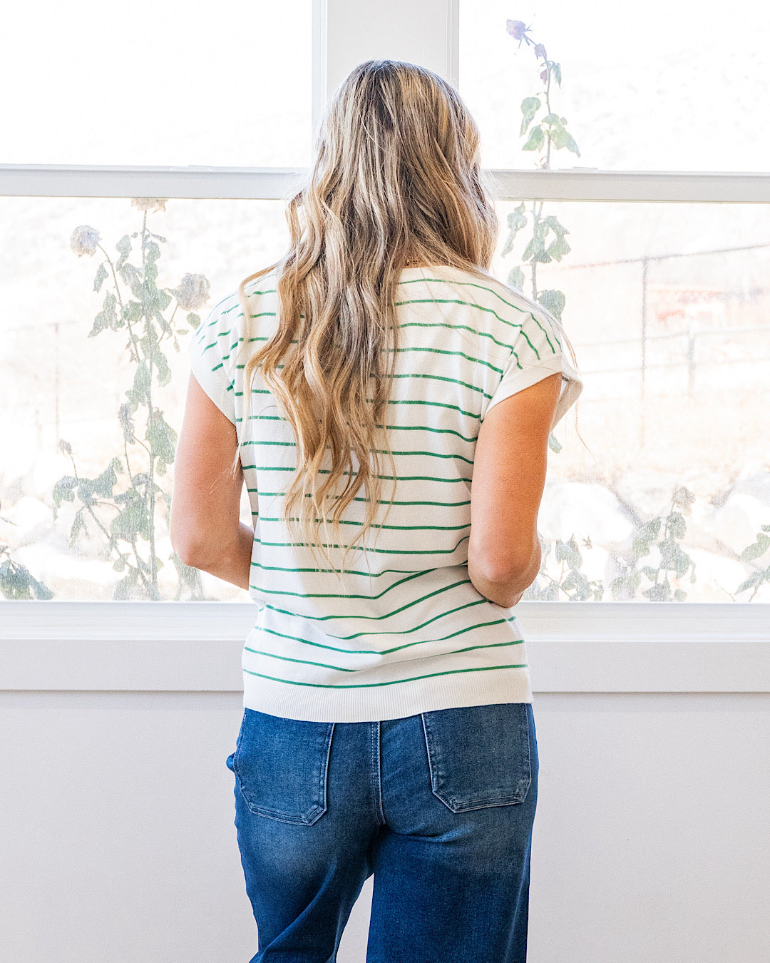 Allie Striped Short Sleeve Sweater - Ivory & Green Staccato