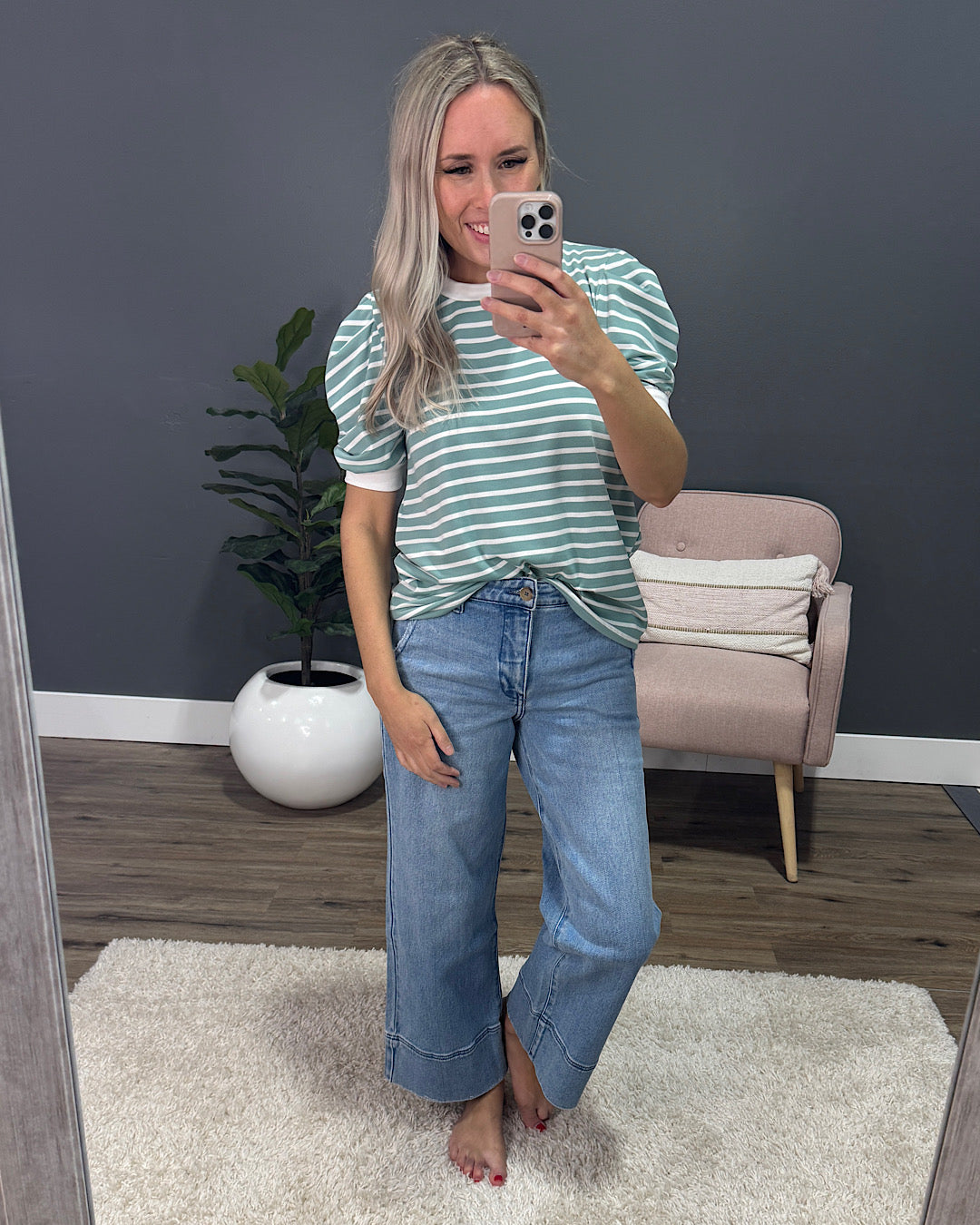 Hillary Striped Puff Sleeve Top - Sage SALE Lovely Melody