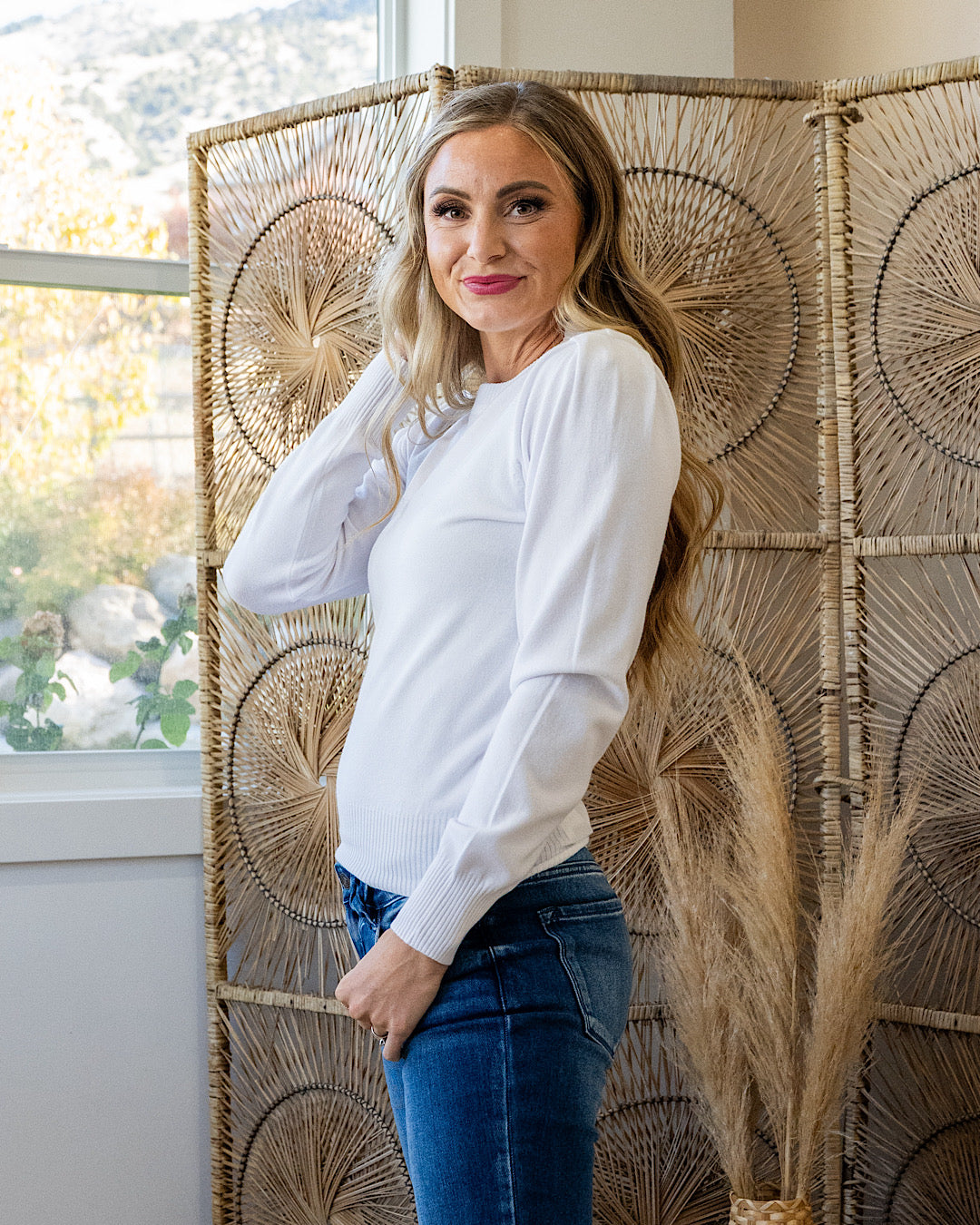 DOORBUSTER! Pleated Shoulder Sweater - White Zenana