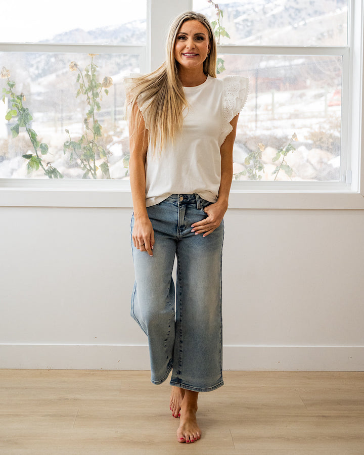NEW! Cameron Scalloped Eyelet Sleeve Top - White Staccato