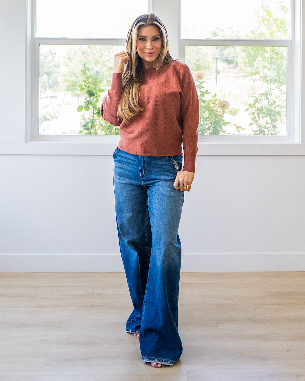 Adalyn Dolman Sleeve Textured Sweater - Copper Staccato