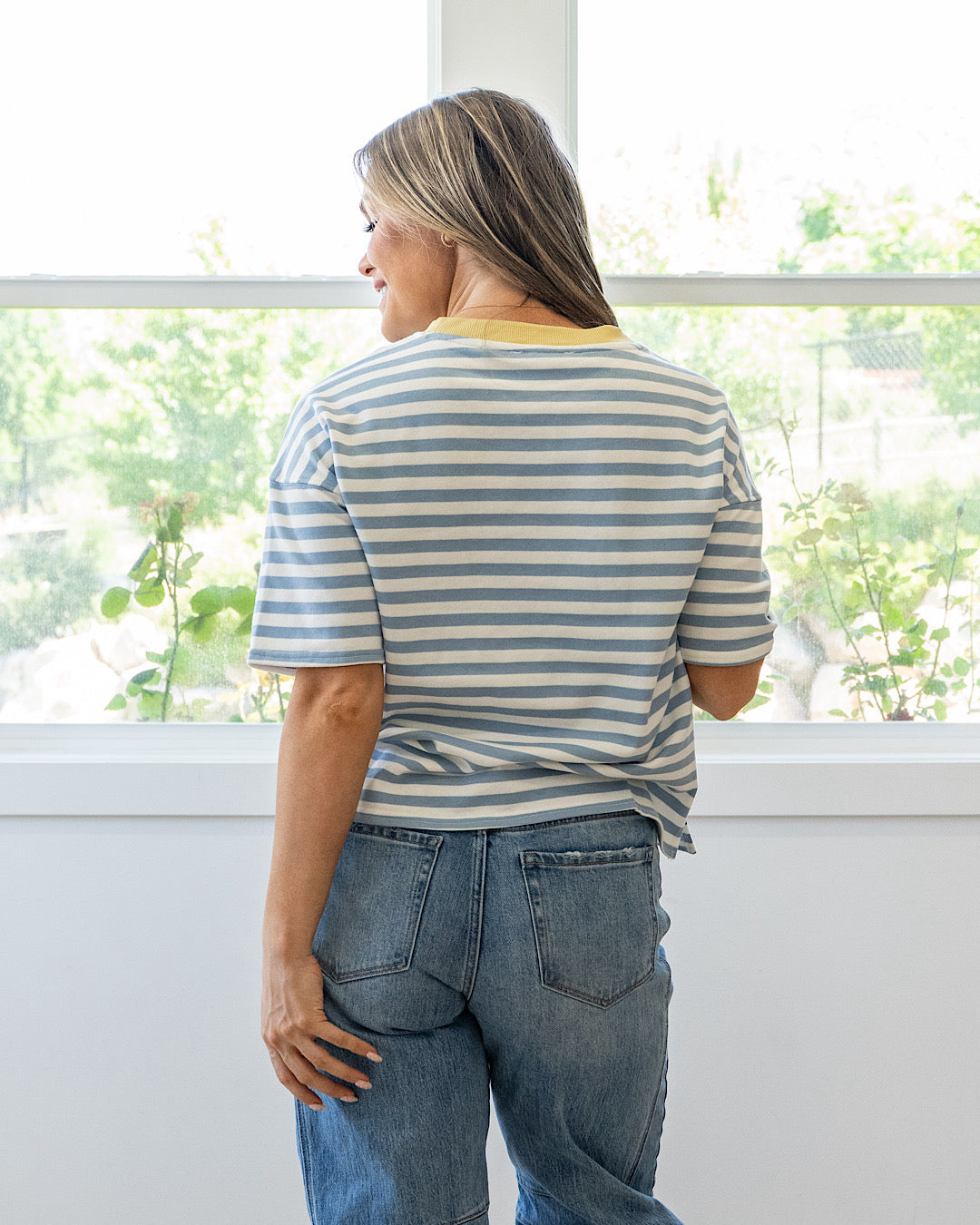 NEW! Hazel Contrast Striped Top - Dusty Blue & Yellow Mine