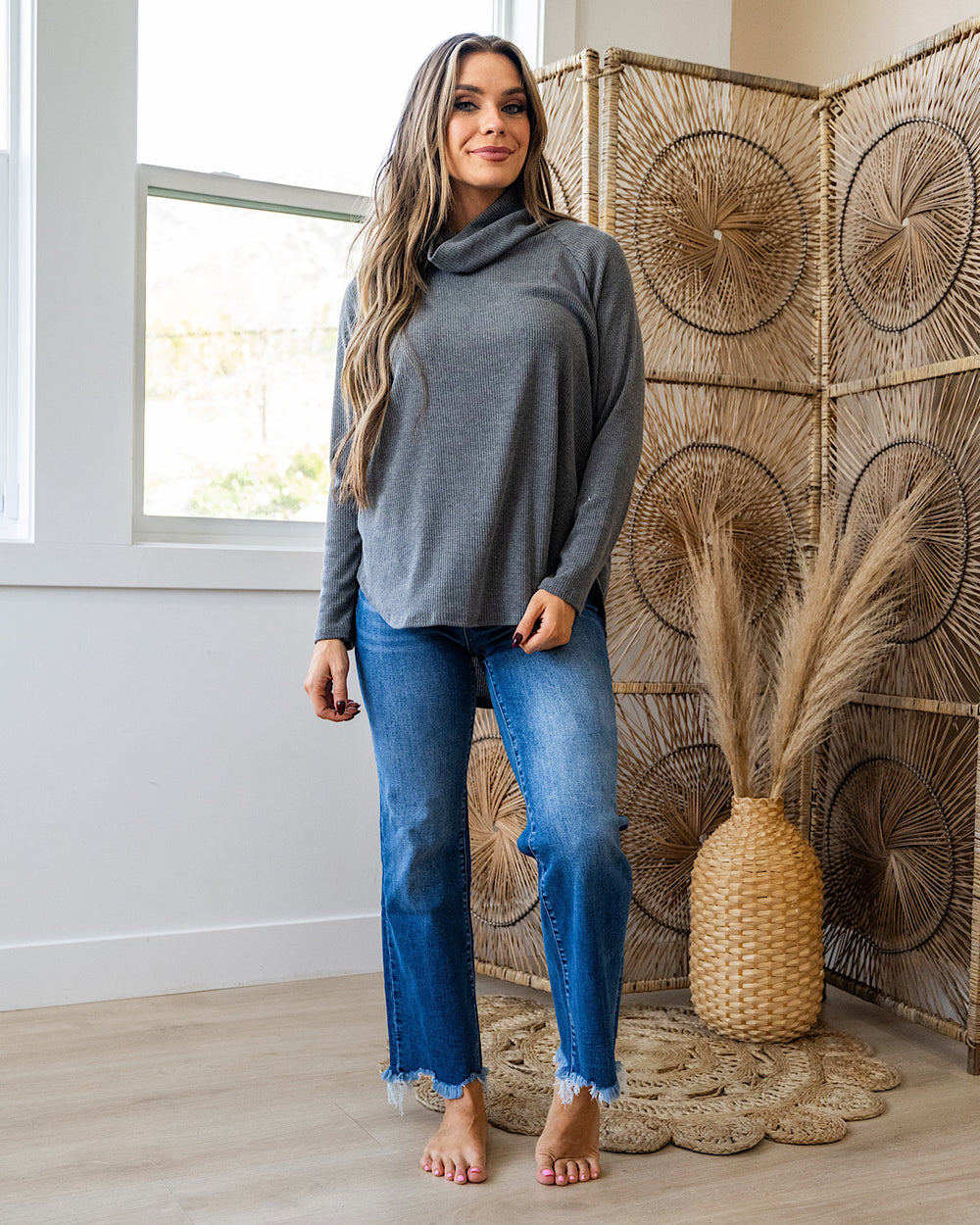 DOORBUSTER! Ribbed Turtleneck Top - Charcoal Sew In Love