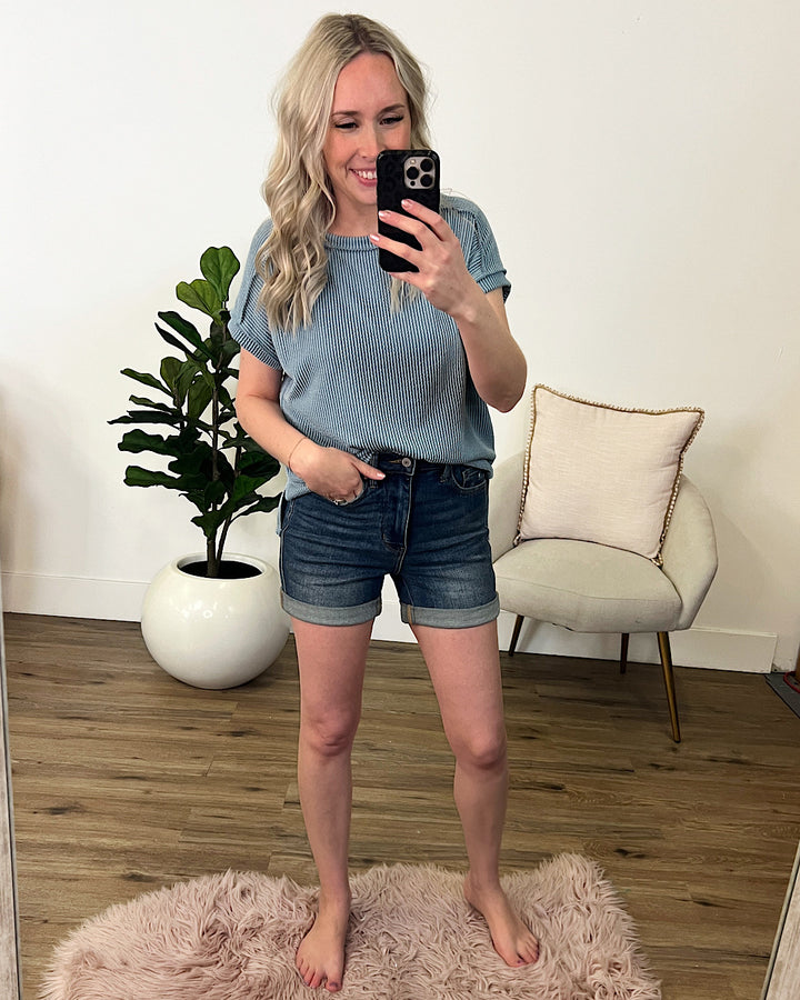 Daydream Corded Drop Shoulder Top - Denim Blue FINAL SALE 7th Ray