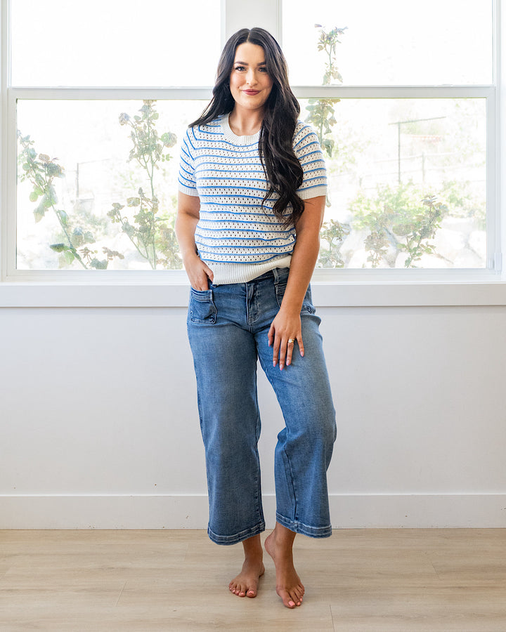 Kaitlyn Open Knit Striped Sweater Top - Blue Staccato