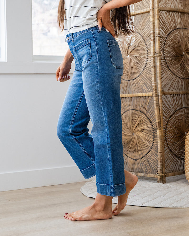 KanCan Isabella 2.0 Rolled Hem Crop Flare Jeans - Medium Wash KanCan