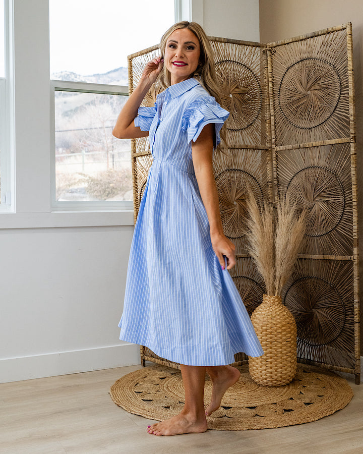 Carmine Striped Ruffle Sleeve Midi Dress - Blue SALE Heyson