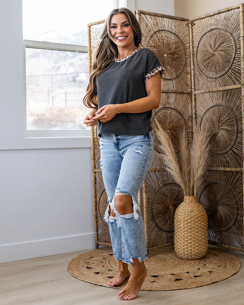 Amber Corded Top with Leopard Detail - Charcoal Lovely Melody