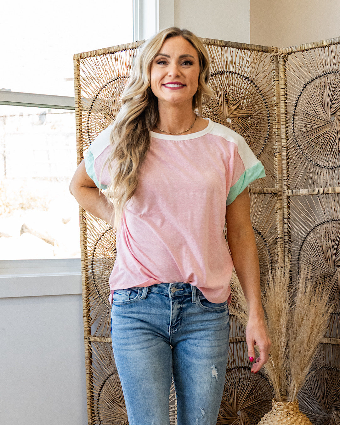 Ellen Twisted Sleeve Color Block Top - Color Options Available! 7th Ray Vintage Blush
