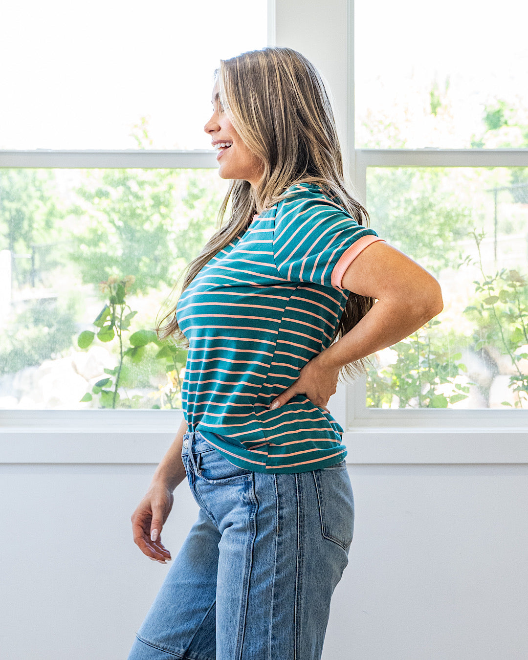 NEW! Shauna Contrast Striped Top - Dark Jade Staccato