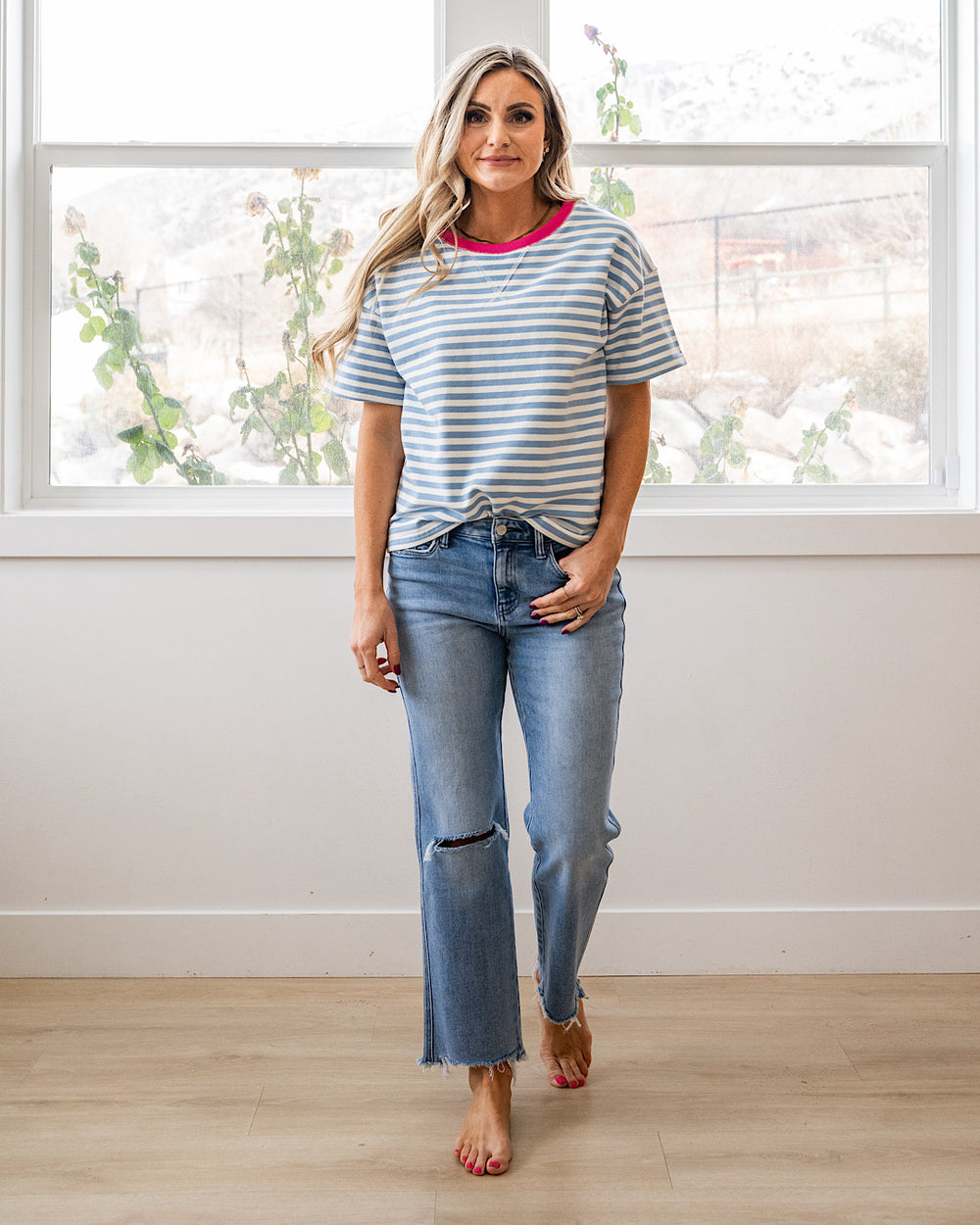 NEW! Ellie Contrast Striped Top - Sky Blue & Pink Staccato
