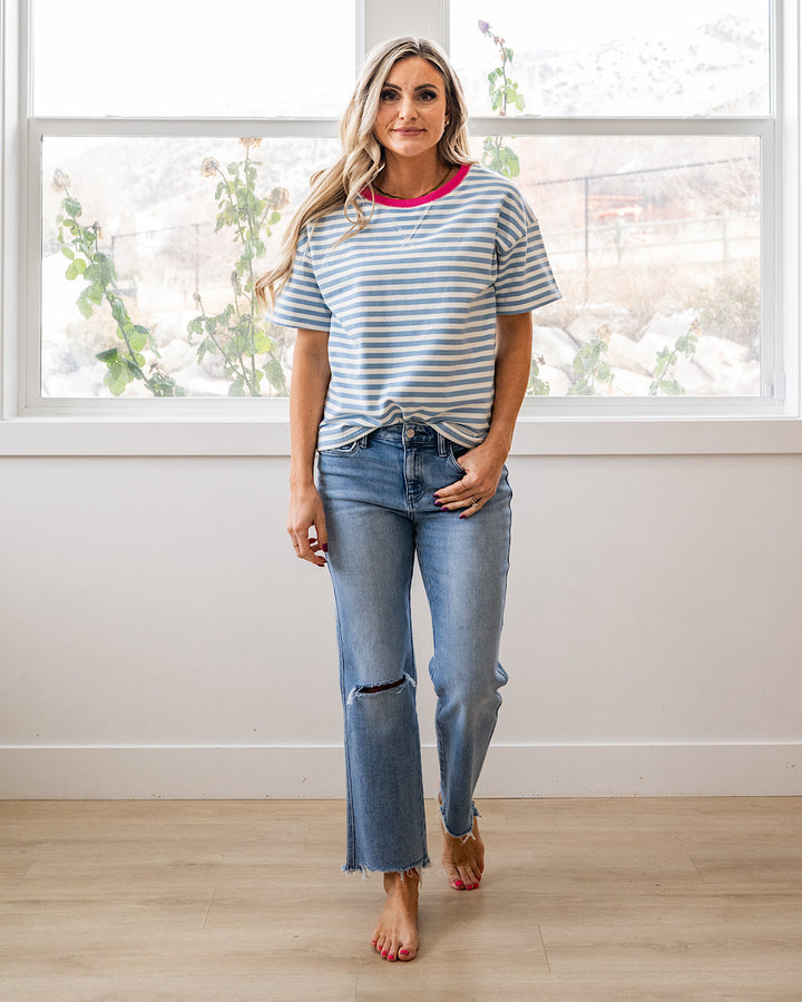 NEW! Ellie Contrast Striped Top - Sky Blue & Pink Staccato