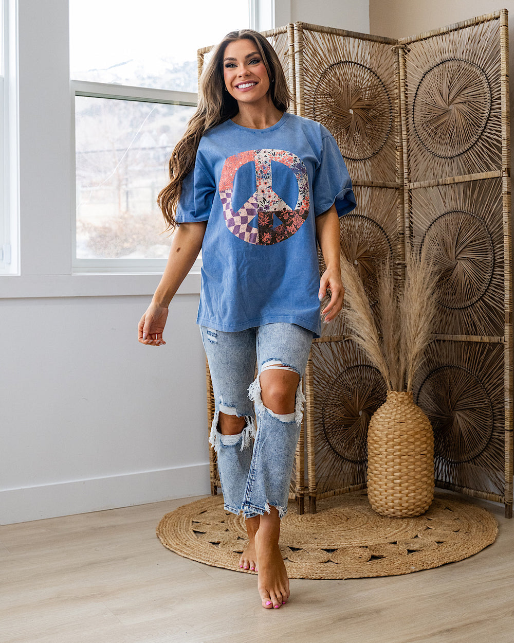 Patchwork Peace Sign Blue Mineral Wash Tee Zutter